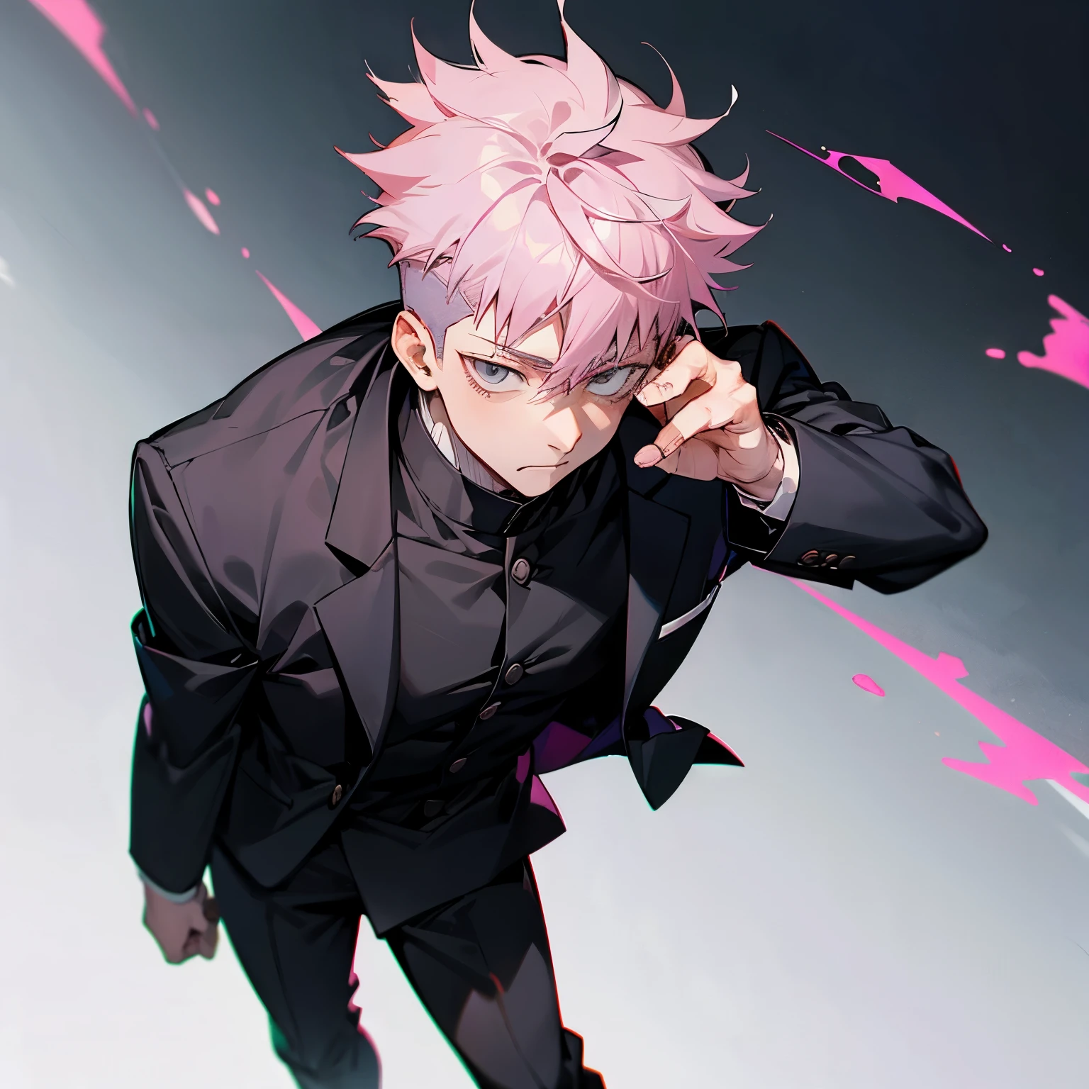 Jujutsu Kaisen School Uniform ,Faded Pink Hair , Undercut Hair ,1male , Standing on street , Grey eyes ,