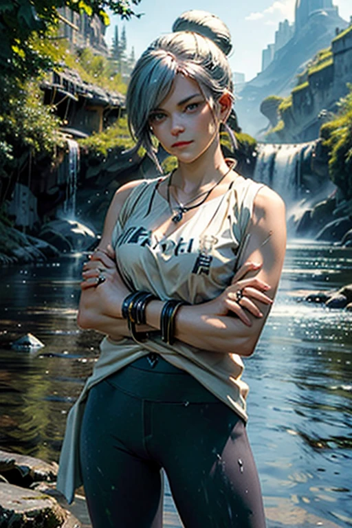 (masterpiece, best quality:1.2), cowboy shot, solo, 1girl, rwbywinter, expressionless, closed mouth, looking at viewer, crossed arms, hair over one eye, single hair bun, t-shirt, yoga pants, necklace, bangles, earrings, standing near waterfall