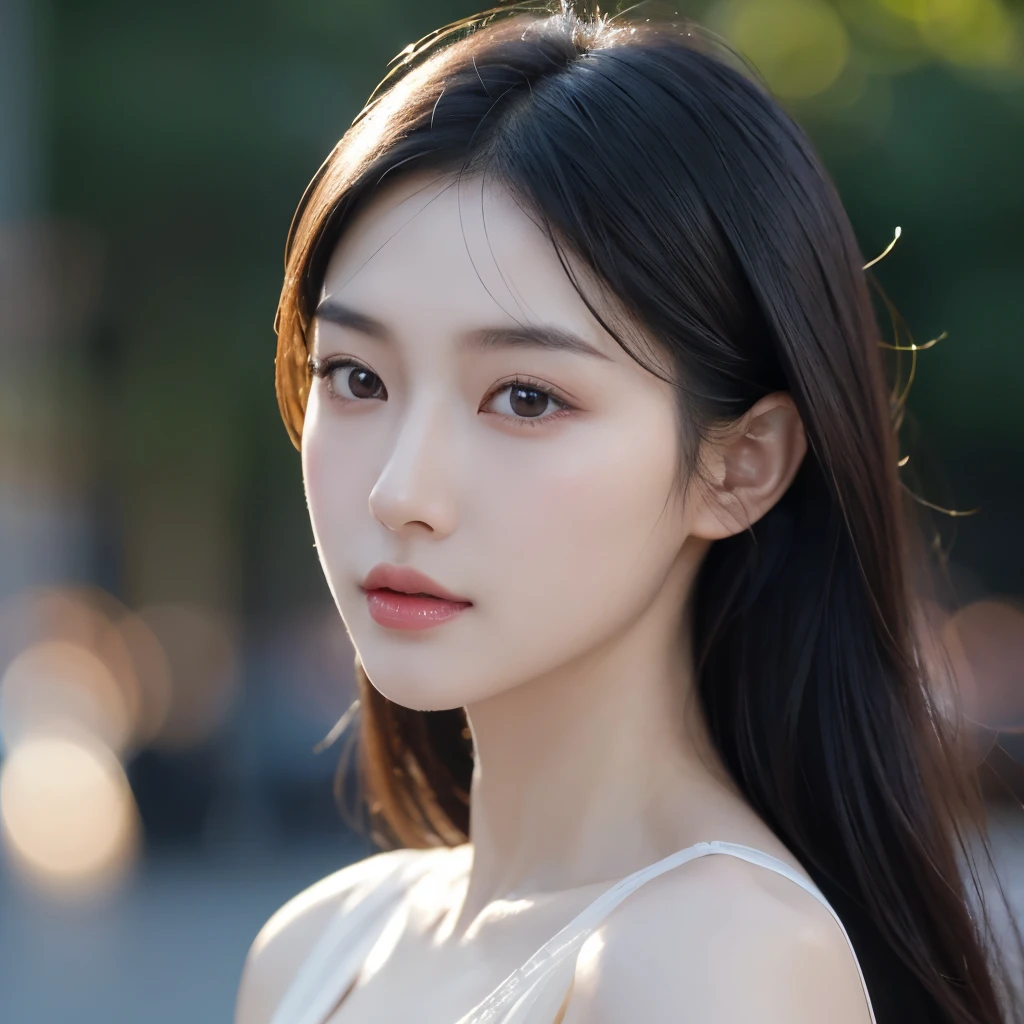 gorgeous Asian woman with dark hair, ((detailed facial features)), (finely detailed skin), pale skin, realistic skin texture, extreme skin details, best quality masterpiece, photorealistic, hyperrealistic, detailed, 8k, HDR, shallow depth of field, broad light, high contrast, backlighting, bloom, light sparkles, chromatic aberration, sharp focus, RAW color photo, city background