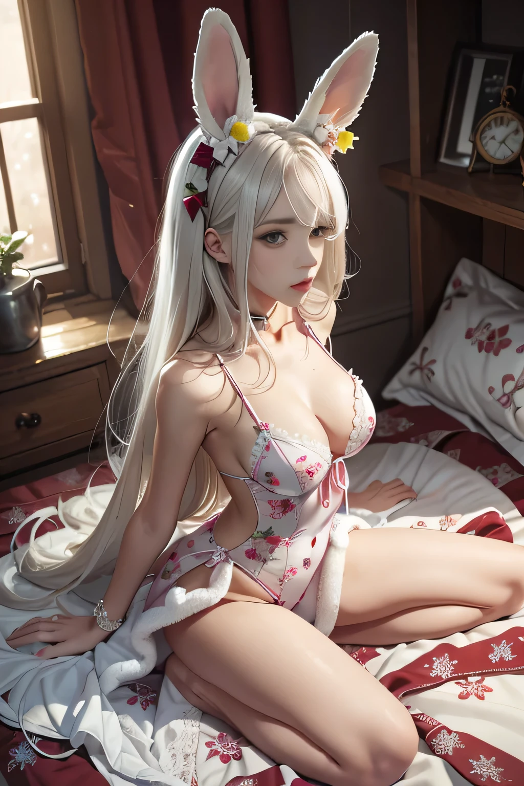 (christmas), (chistmas room), ( christmas decor) araffe with pink hair and bunny ears sitting on a bed, angelawhite, belle delphine, anime barbie in white stockings, ultrarealistic sweet bunny girl, very very kawaii, japanese goddess, the bunny has pink fur, smooth pink skin, with bunny ears, ahegao, sitting on her bed, lit from behind, perfect white haired girl, amouranth, view from top , top view