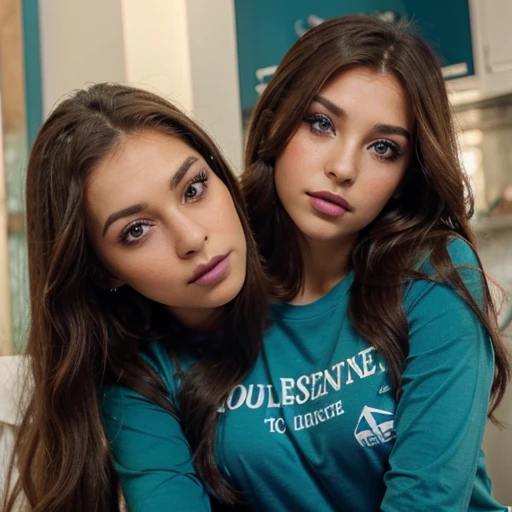 Palestinian girl with long brown hair and green eyes wearing makeup and eye liner and eye shadow and blue lipstick wearing a blue T-shirt with short sleeves sitting with husband with brown hair and a beard and green eyes wearing a white shirt with long sleeves