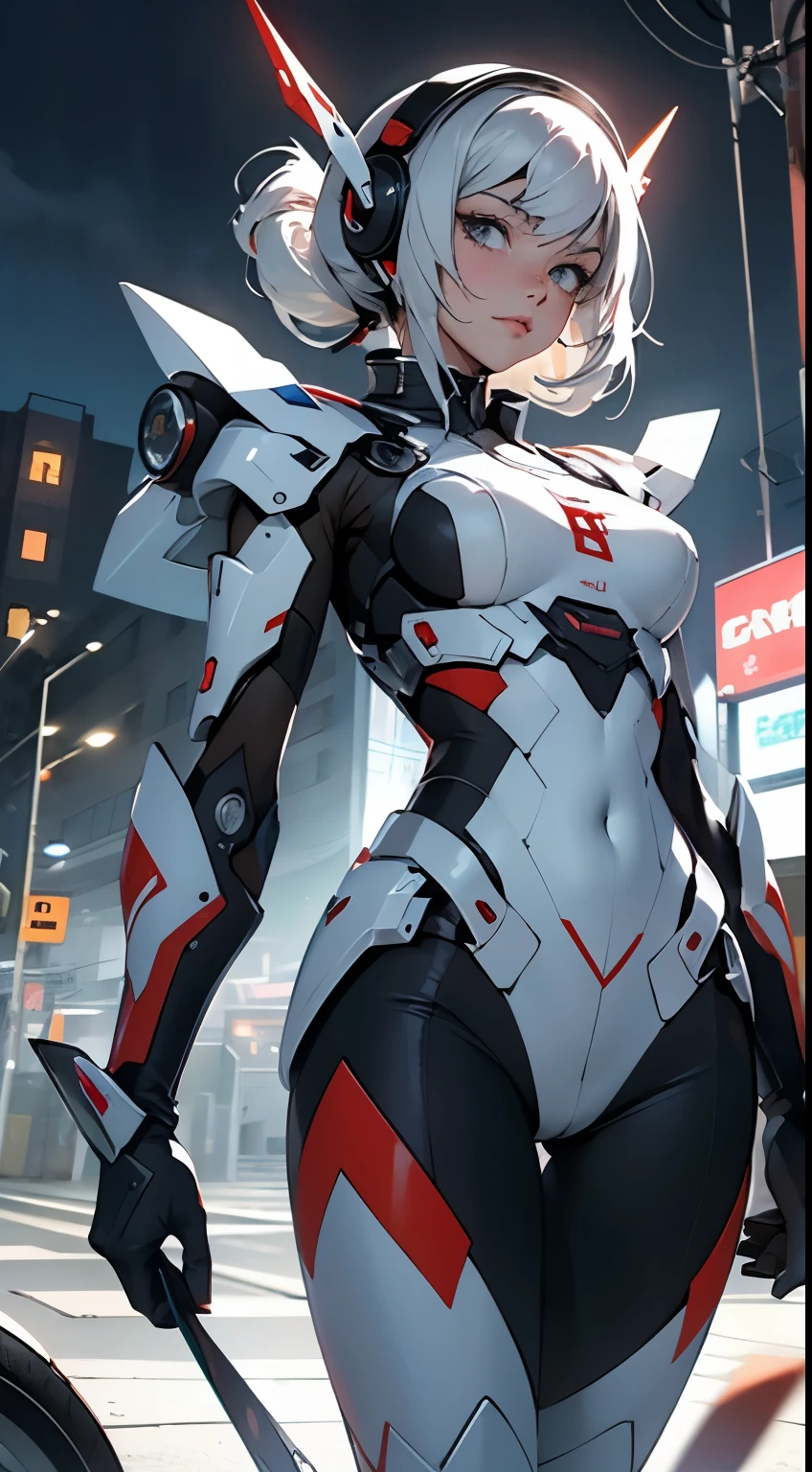the highest picture quality, Detalles destacados, Ultra-high resolution, (Fidelidad: 1.4), The best illustration, Detalles del favor, Altamente condensado 1girl, con un rostro delicado y hermoso, vestido de mecha blanco y negro, Llevar un casco mecha, Holding a direction controller, Conducir en una motocicleta, The background is a high-tech lighting scene of the future city..