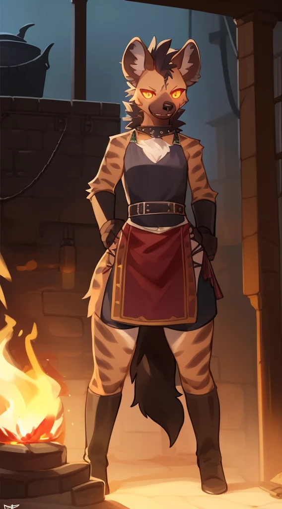 Best Quality, super detailed illustration, (1 boy:1.2), (Fluffy hyena:1.4) , The body is like a girl's, thick lush hair,,, Blacksmith's clothes, predatory smile, Author: Bebebebebe, femboi, small waist, wide hips, Slim, the perfect body, DND Style, Burning eyes, rocker, Clear eyes,