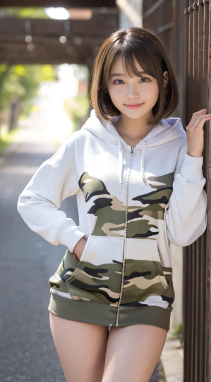 Extreme quality、Expresses skin texture to the limit、Extremely beautiful face active as a gravure idol、(13yo girl、Extremely beautiful face, thin cheek line、a small face、big eye、cat eyes with raised corners、natural make up)(fair white skin)(sparkly eyes)、with shiny brown hair、((Very short bob、Fine hair、smooth straight hair、Hair hanging over the ears))、Beautiful exposed valley、large full breasts、thin-waist、big butts((Hoodie with cleavage zip、Red camouflage pattern、Short length))((I can see the beautiful cleavage))((Red camouflage extremely short miniskirt))red camouflage sneakers、魅惑的、bright expression、Bright smile。her fashion and expressions、The perfect balance of cuteness and elegance、draw the viewer in、Throughout this scene、express her charm to the fullest、Angle up to the knee、Pose to look back and look back、Medium full shot from behind、