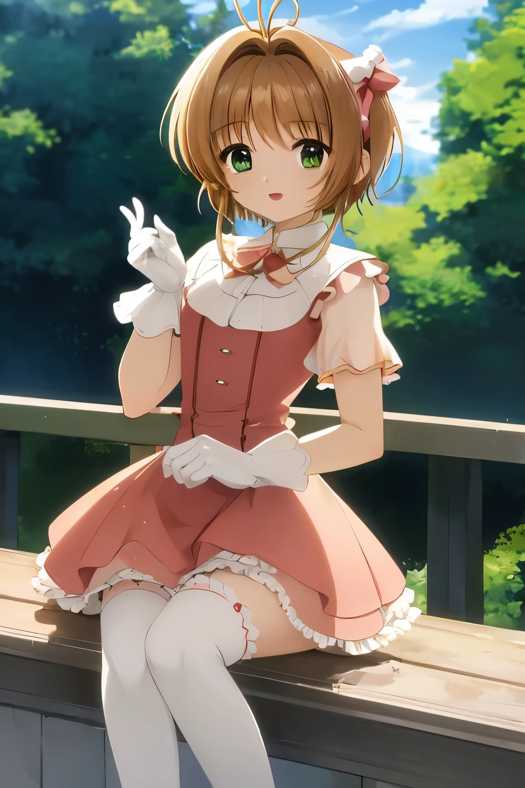 master piece, Best Quality, A high resolution, top-quality, Anime style, The best lighting, Beautiful face, 1woman, , 30 years old, light brown hair, Short hair, Antenna Hair, Green eyes, frills, Pink dress, White Gloves, Red bow, white thighhigh,