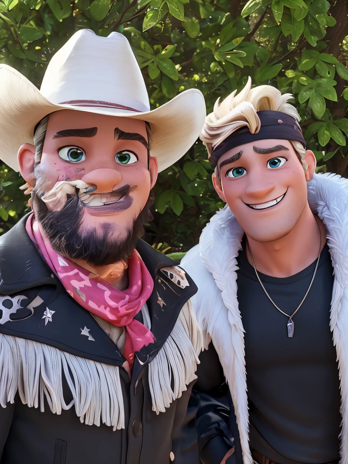 Disney Pixar’s 3d image they are two men. One on the left with a cowboy hat the one on the left with bleached hair ggreen eyes and a black bandana posing for a picture, both handsome and in good shape mars ravelo and greg rutkowski, paul pepera pablo roldan, inspired by Dave Arredondo, despacito, vaudevillian, josan gonzalez and tyler edlin, taken in the early 2020s, genzoman and frank franzzeta