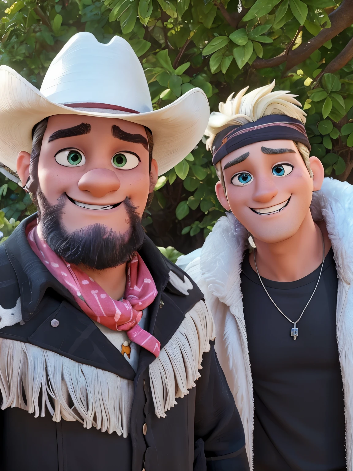 Disney Pixar’s 3d image they are two men. One on the left with a cowboy hat the one on the left with bleached hair ggreen eyes and a black bandana posing for a picture, both handsome and in good shape mars ravelo and greg rutkowski, paul pepera pablo roldan, inspired by Dave Arredondo, despacito, vaudevillian, josan gonzalez and tyler edlin, taken in the early 2020s, genzoman and frank franzzeta