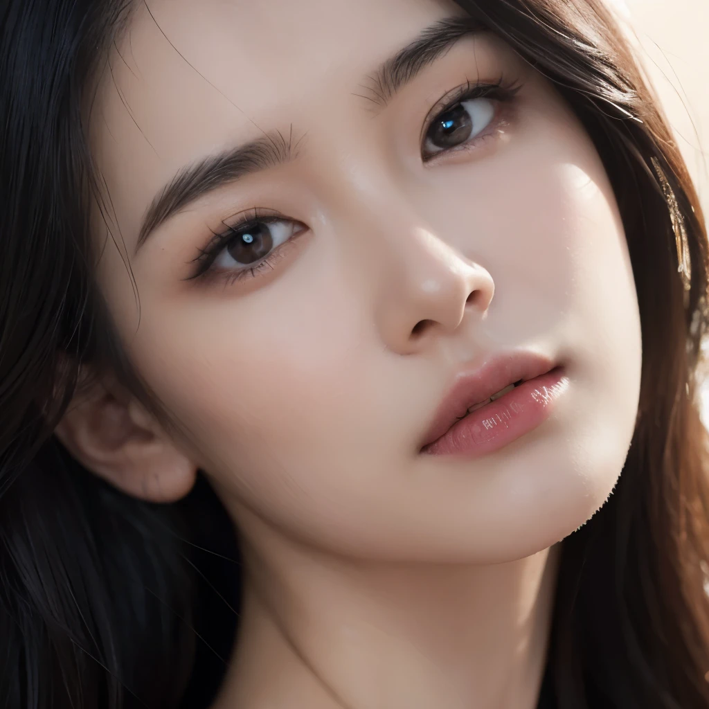 gorgeous Asian woman with dark hair, ((detailed facial features)), (finely detailed skin), pale skin, realistic skin texture, extreme skin details, best quality masterpiece, photorealistic, hyperrealistic, detailed, 8k, HDR, shallow depth of field, broad light, high contrast, backlighting, bloom, light sparkles, chromatic aberration, sharp focus, RAW color photo, city background, black dress
