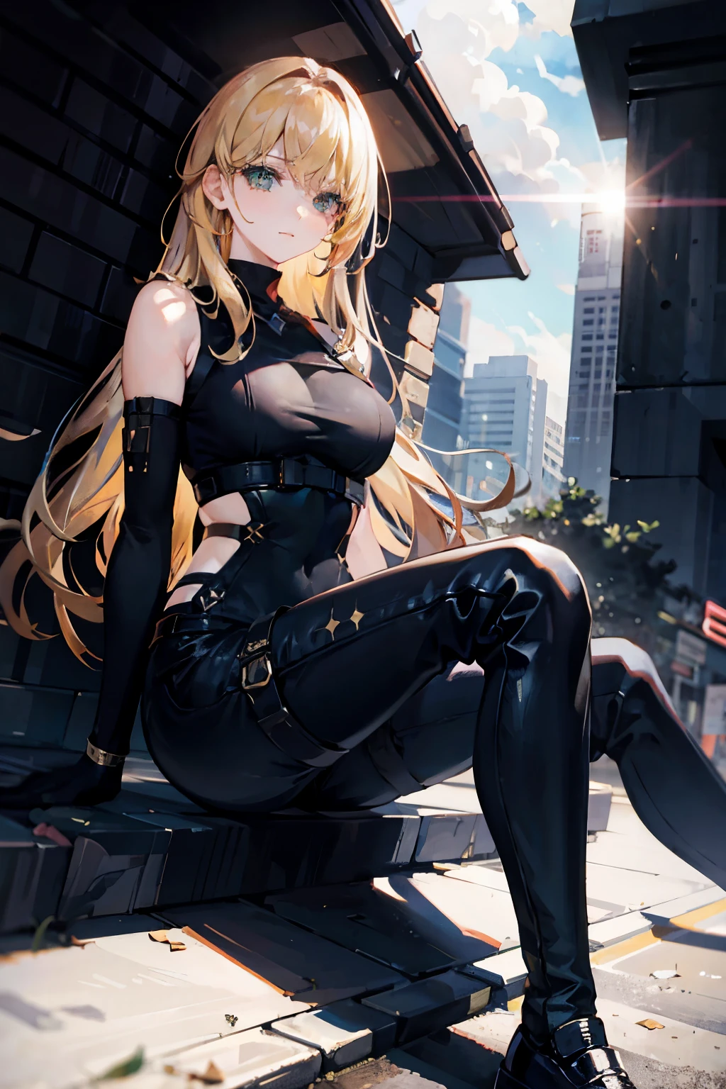 {{masterpiece, best quality, extremely detailed CG, unity 8k wallpaper, cinematic lighting, lens flare}}, a girl sitting on the side walk holding a gun, thick body, long blond hair, green eyes,
