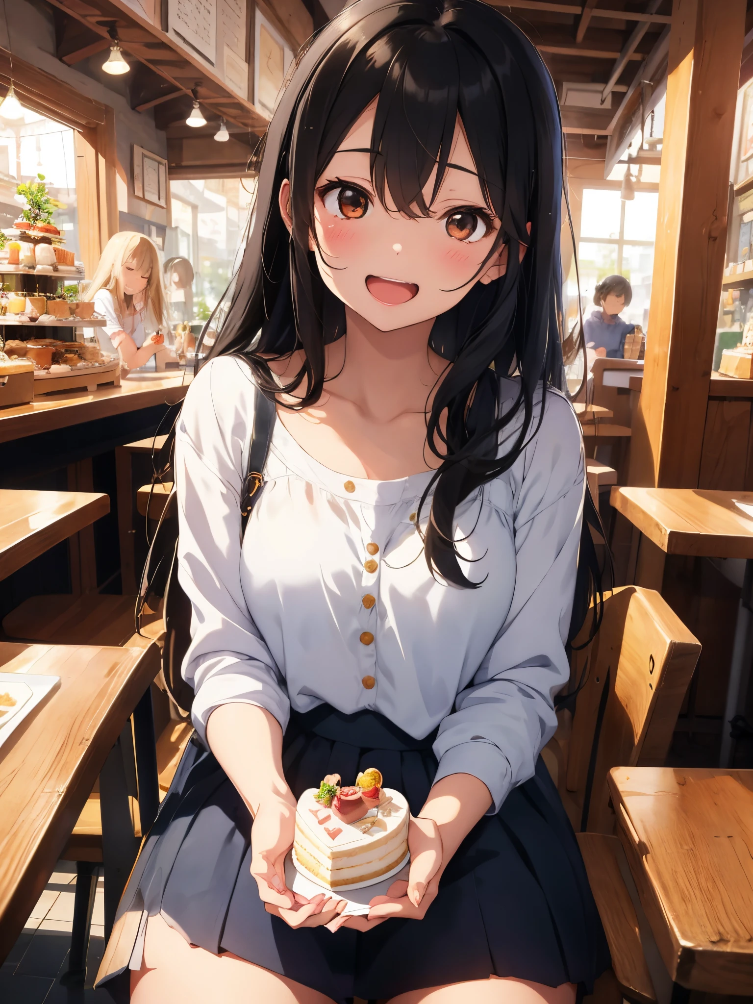 beautiful illustration, best quality, cute girl, cafe, sitting, parfait, cake, (spoken heart), happy, open mouth, close eyes, casual clothes, collarbone, long hair, black hair