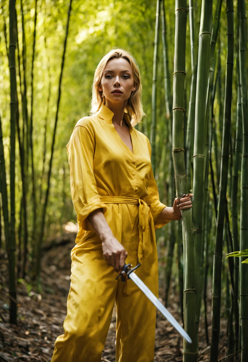 In a bamboo forest, a woman with blonde hair walks gracefully. She is of moderate height and wears the iconic yellow jumpsuit from the movie Kill Bill. In her right hand, she carries a sword. The slender bamboo stalks surround her, creating a serene and mystical atmosphere. Sunlight filters through the dense canopy, casting dappled shadows on her figure. Her blonde hair shines like gold in the forest's subdued light.