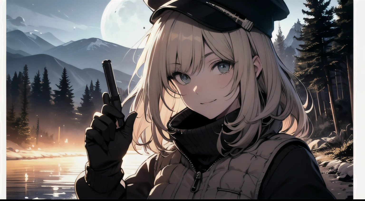 VeronicaCipher ((Upper body selfie, happy)), masterpiece, top quality, ultra detail, solo, outdoors, (night), mountain, nature, (star, moon) cheerful, happy, glove, sweater, hat, flashlight, forest, rock, river, wood, smoke, shadow, contrast, clear sky, analog style (See viewer:1.2) (skin texture) (Film grain: 1.3), (Warm shades, warm tones): 1.2), Close-up, Cinematic Light, Side Light, Ultra High Resolution, Vest Shadow, RAW, Wear Pullover, Kodak Vision 3,