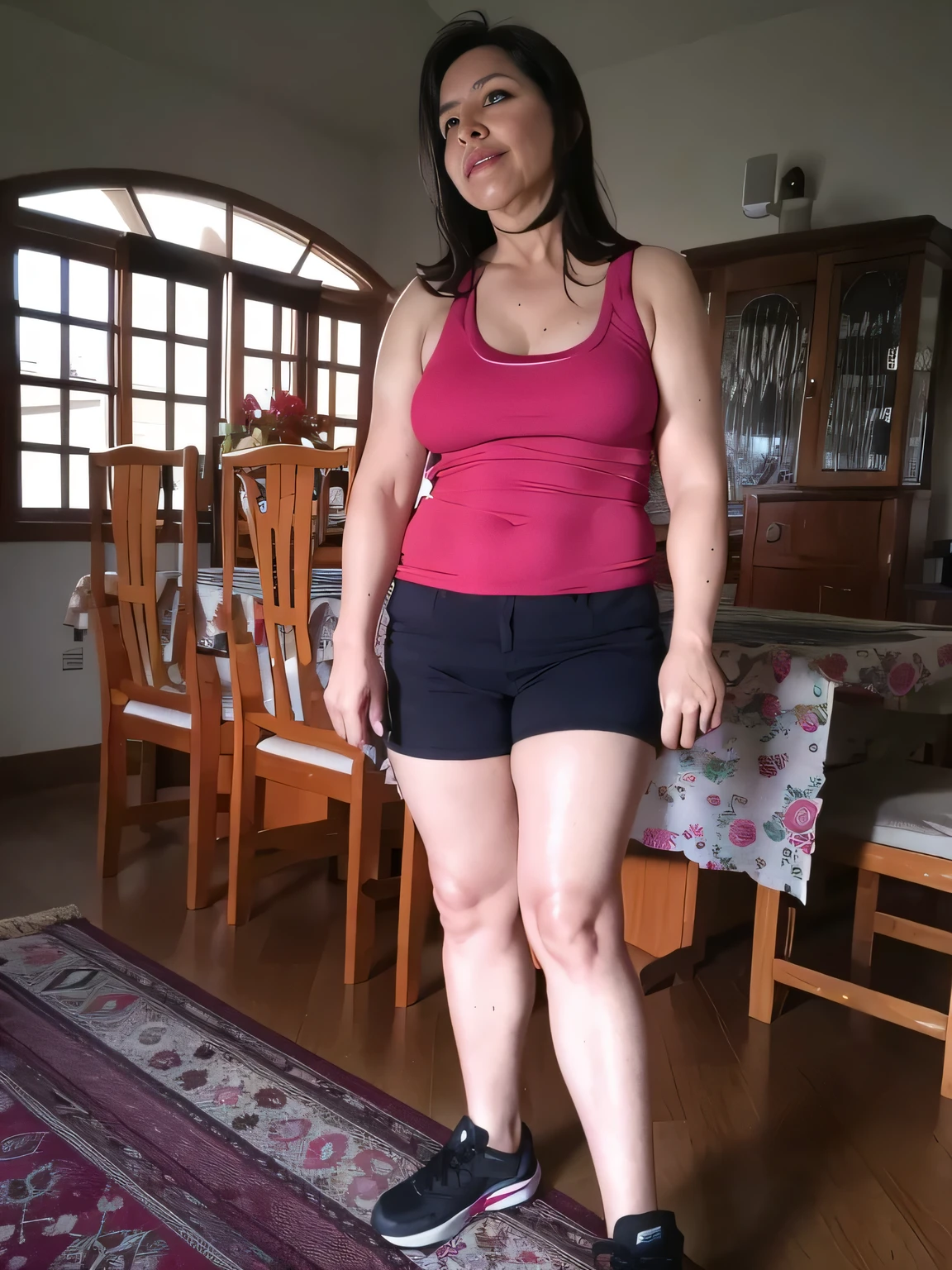 there is a woman standing on a rug in a room, mulher curta robusta, vestindo shorts vermelhos, usando uma regata e saia, tiro de corpo inteiro, 3 5 year brazilian mother, usando saia, vestindo camisola e shorts, pernas grossas, coxas grandes, minissaia, vestindo roupas apertadas, de bermuda, tiro de meio corpo, tiro do meio cintura para cima