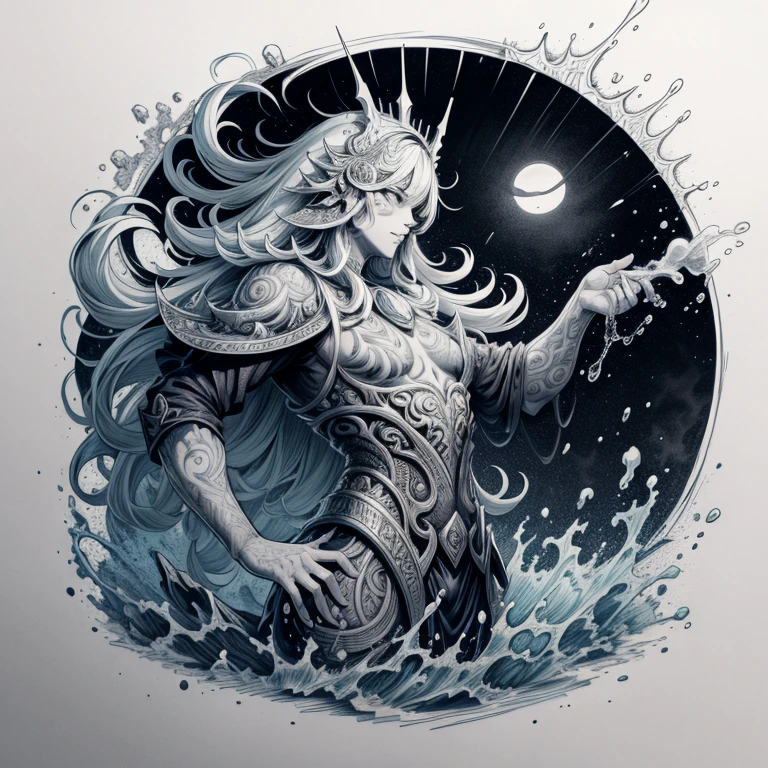coloring pages for adults, drawing of the aquarius water-bearer, bold intricate ink illustration, insanely detailed linework,  black and white detailed sketch, ink artwork,