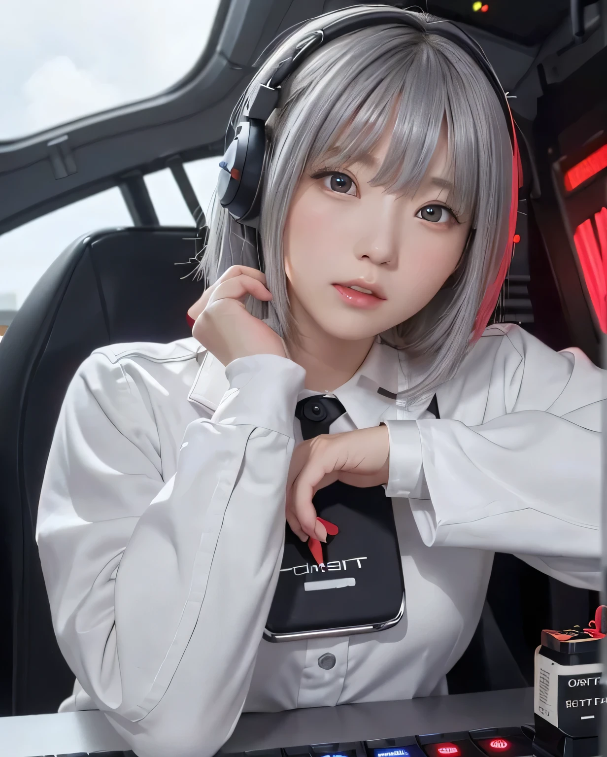 top-quality、Top image quality、masterpiece、girl with((White suit、18year old、 Ager、cute little、,Beautiful glowing gray eyes,Great Valley、 Messy silver hair、Longhaire、A slender,head phone、Sit in the cockpit、Typing on the keyboard、Tired face)),hiquality、Beautiful Art、Background with((cockpit、Control stick,Warning screen、red light nast piece,))、depth of fields,Cinematic style