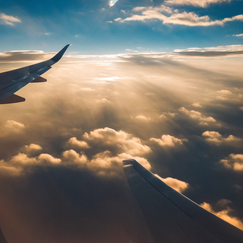 view from an ultra high quality plane flying through the clouds,  4k, high definition, beautiful view, [intricate clouds], sun rays shining through the window of the plane