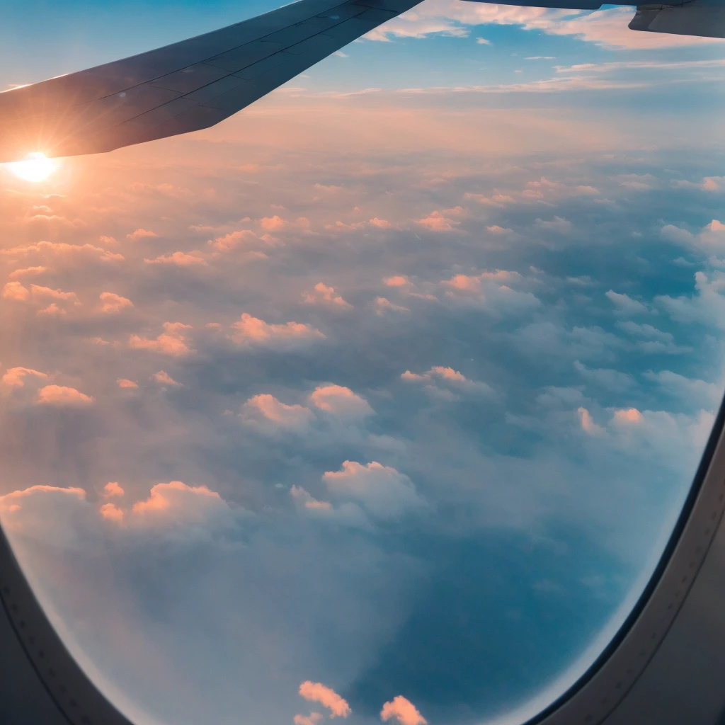view from an ultra high quality plane flying through the clouds,  4k, high definition, beautiful view, [intricate clouds], sun rays shining through the window of the plane