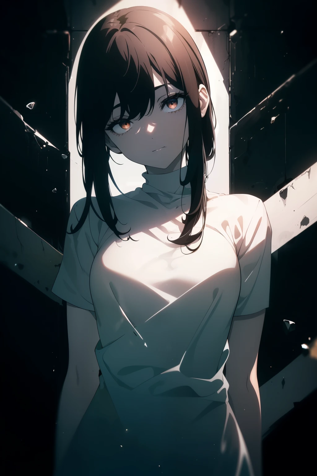 ((((Obra maestra, La mejor calidad, ultrahigh resolution)))), 1girl, standing, (baggy t-shirt, loose fitting shorts), (((lack hair, dark black hair over eye:1))), long hair cut, pale skin, ((brown eyes)), glowing_eyes, neon eyes, (ultra detailed eyes:0.7, beautiful and detailed face, detailed eyes:0.9), ((centered)), smile, ((wide shot)), facing viewer, ((vibrant background, bright lighting, summer, sunlight)), flat chested, looking at viewer, ((half closed eyes)), ((perfect hands)), (((head:1, arms, hips in view, elbows, arms, in view))), ((hands behind back)), empty eyes, beautiful lighting, outside, outdoors, background, defined subject, 25 years old, head tilt, (((cool looking)))