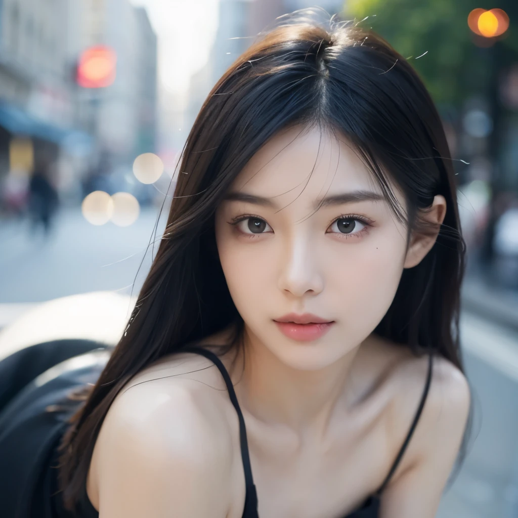 gorgeous Asian woman with dark hair, ((detailed facial features)), (finely detailed skin), pale skin, realistic skin texture, extreme skin details, best quality masterpiece, photorealistic, hyperrealistic, detailed, 8k, HDR, shallow depth of field, broad light, high contrast, backlighting, bloom, light sparkles, chromatic aberration, sharp focus, RAW color photo, city background, black dress