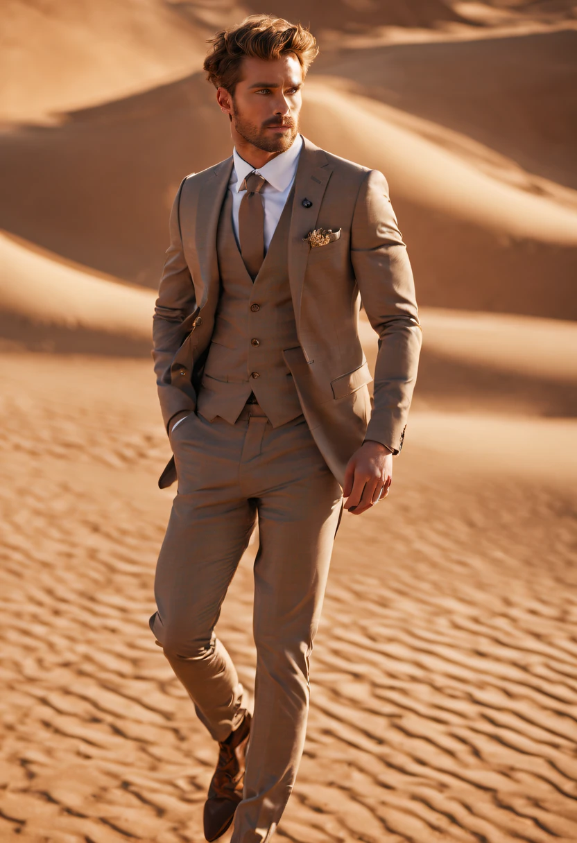 ((best quality)), ((masterpiece)), (detailed), perfect face. Create a video of a male model walking through a desert with a beautiful custom suit. turning at the camera last second