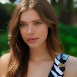 A photorealistic portrait of a 25-year-old American girl with long, flowing blonde hair and striking blue eyes. She should have a natural, approachable expression and be illuminated by soft, golden-hour sunlight. The background should be a scenic outdoor setting, perhaps a sunlit park or beach. Capture this image with a high-resolution photograph using an 85mm lens for a flattering perspective.