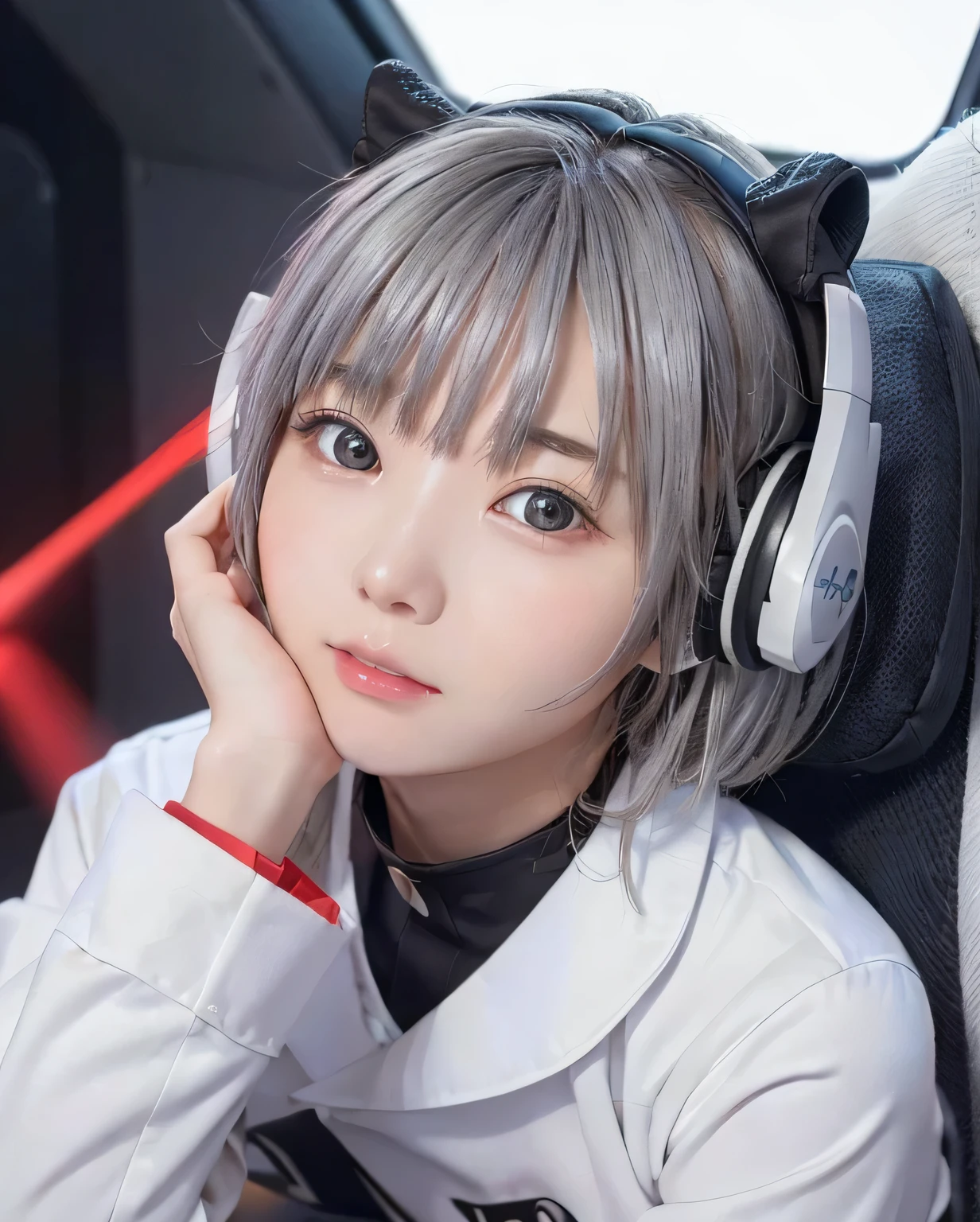 宇宙のBackground with:1.5、top-quality、Top image quality、​masterpiece、girl with((White suit、18year old、 Ager、cute little、,Beautiful glowing gray eyes,Great Valley、 Messy silver hair、Longhaire、A slender,head phone、Sit in the cockpit、Lonely face、Anxious face、Control stickを握る)),hiquality、Beautiful Art、Background with((cockpit、Control stick,Warning screen、red light nast piece,))、depth of fields,Cinematic style