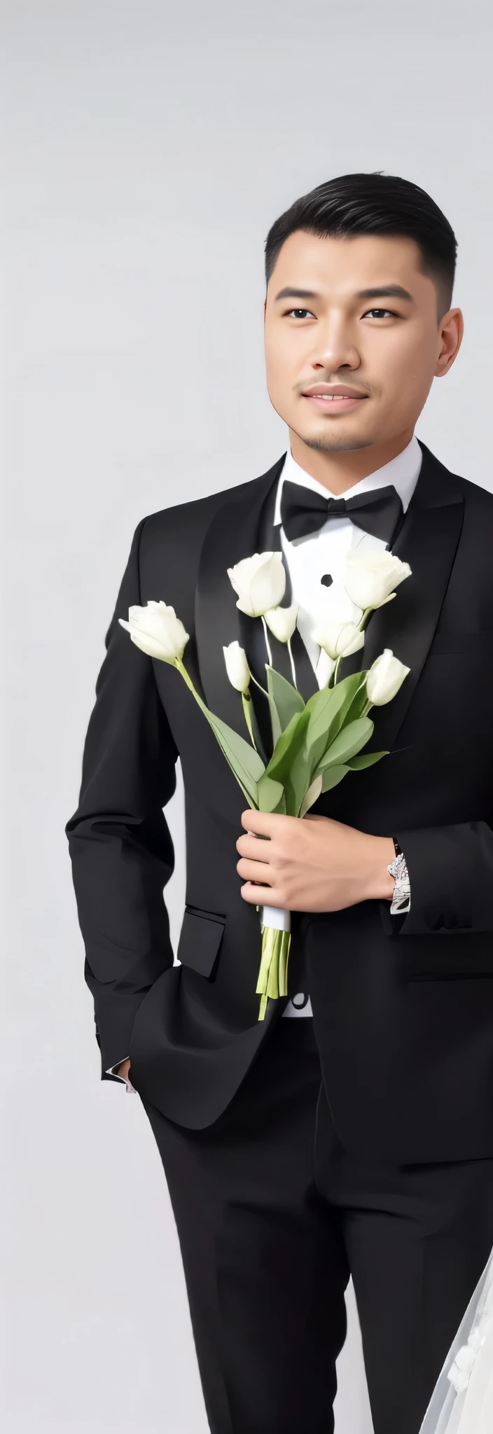 there is a man and woman in a Tuxedo holding flowers, Formal dress code, formal wear, holding flowers, wearing Tuxedo, wearing a white Tuxedo, wearing a Tuxedo, ornate black Tuxedo, Handsome and elegant, bridegroom, men in Tuxedos, White suit and black tie, Tuxedo, ornate back Tuxedo, Wearing a black noble suit..., sharp details, holding flowers