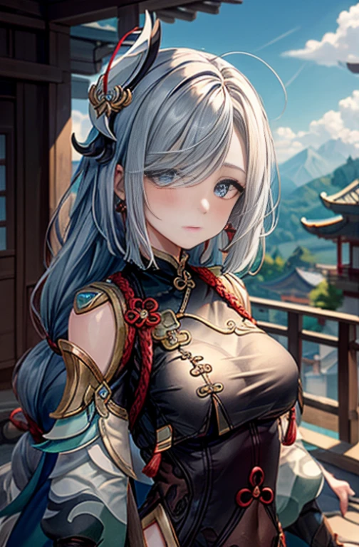 shenhedef, upper body, no expression, blush, outdoors, day, liyue house background, blue sky, short hair, sky, temple, looking at viewer, stairs, mountain, moody lighting,