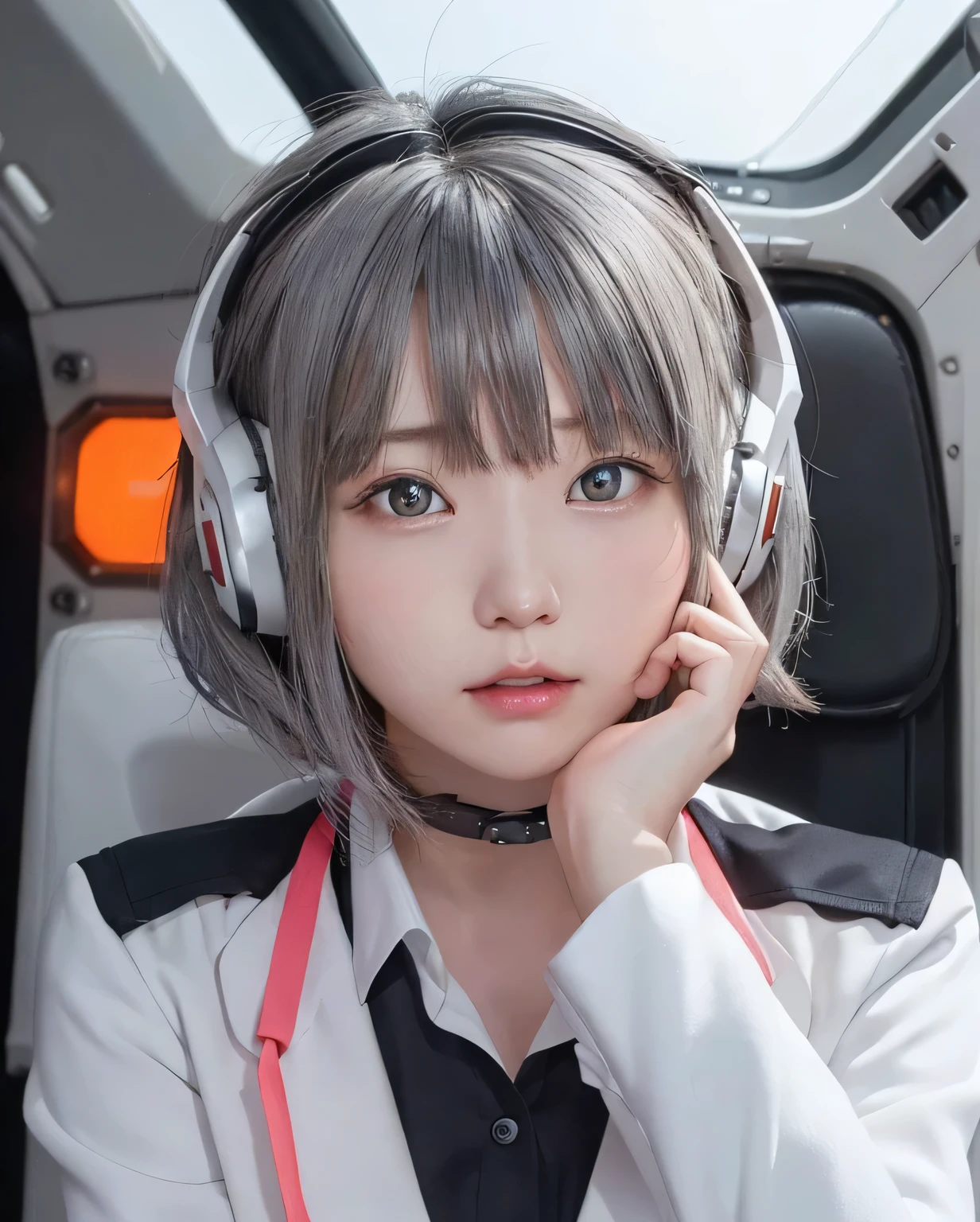 宇宙のBackground with:1.5、top-quality、Top image quality、masterpiece、girl with((White suit、18year old、 Ager、cute little、,Beautiful glowing gray eyes,Great Valley、 Messy silver hair、Longhaire、A slender,head phone、Sit in the cockpit、Lonely face、Anxious face、Control stickを握る)),hiquality、Beautiful Art、Background with((cockpit、Control stick,Warning screen、red light nast piece,))、depth of fields,Cinematic style