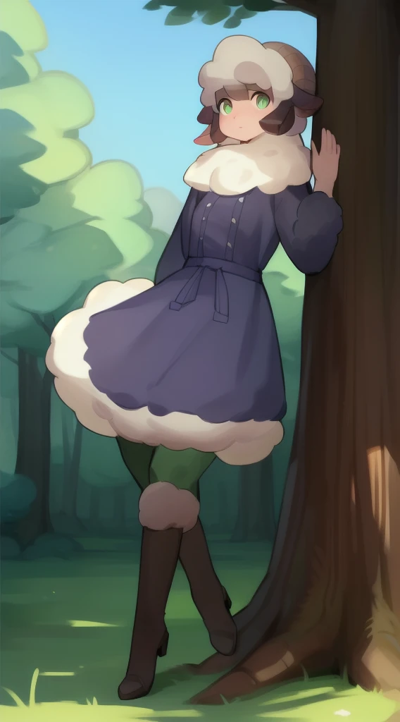 (sheep girl: 1.5), malachite eyes, Robber's clothes, woods, luna, in full height, the perfect body, (Very fluffy: 1.5), Author: Bebebebebe