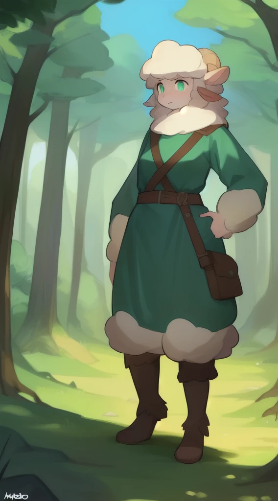 (Sheep Girl: 1.5), malachite eyes, Adventure Clothing, DND ,woods, luna,  in full height, the perfect body, (Very fluffy: 1.5), Author: Bebebebebe