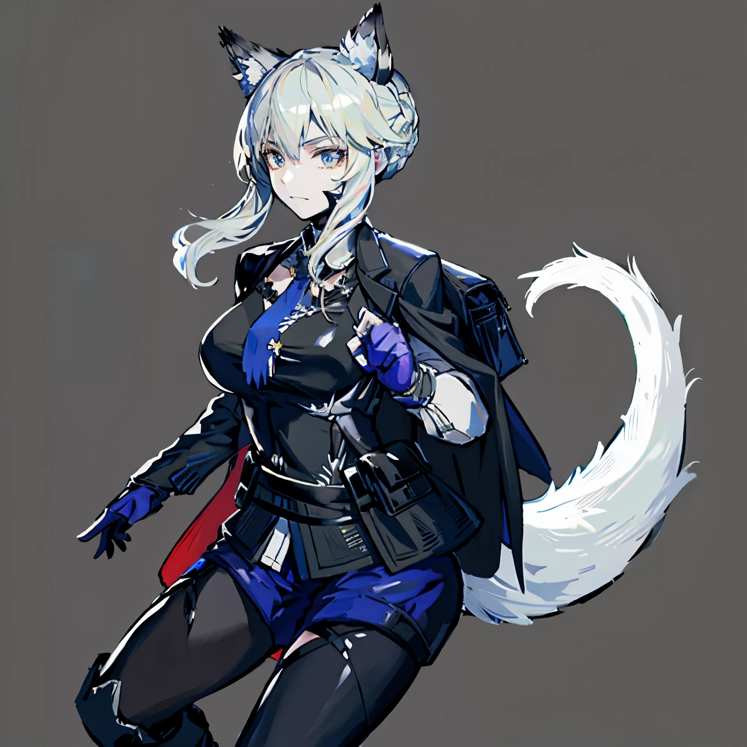 8k resolution, high quality, high resolution, best quality, best resolution, absurd resolution, ray tracing, high detailed, masterpiece white hair, female,white wolf ears, teenage girl, slim body, white scale dragon tail,black combat boots,dark camo pants, black t-shirt, combat medic backpack, tail setting on her tail bone, detailed blue eyes, beautiful face,