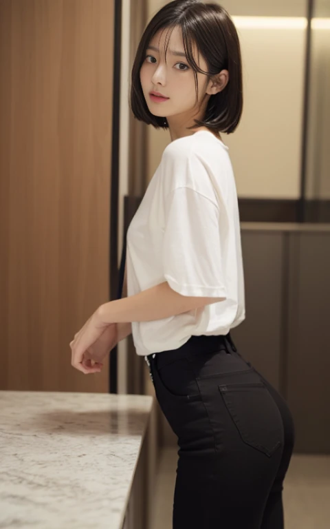 long white t-shirt、((Black skinny pants))、Smaller buttocks、Short Bob Hair、A dark-haired