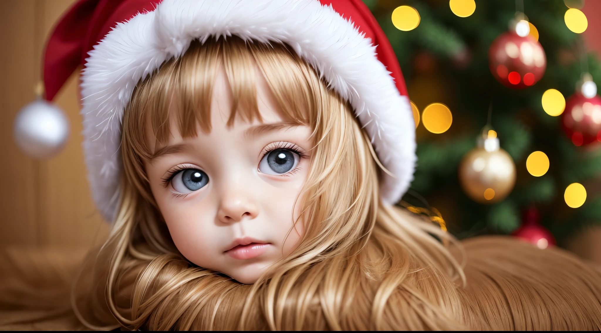 girl BLONDE CHILD, EM ROUPAS DE Natal COM LUZES DE Natal COLORIDAS, AND IN THE BACKGROUND A CHRISTMAS TREE
