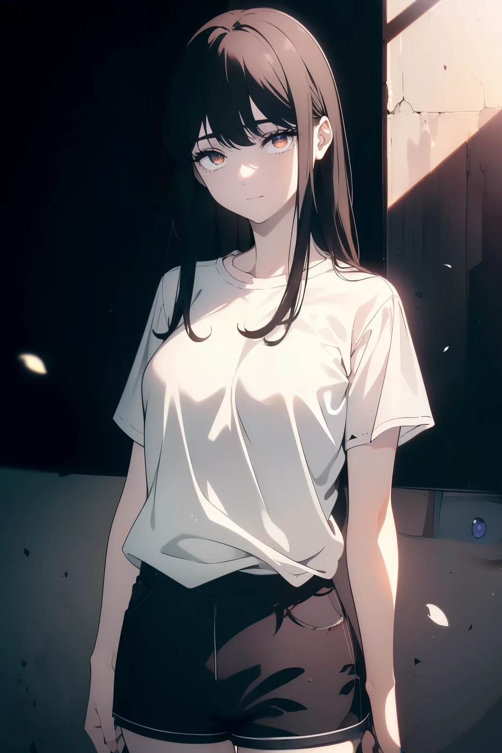 ((((Obra maestra, La mejor calidad, ultrahigh resolution)))), 1girl, standing, ((baggy white t-shirt, loose fitting blue shorts)), ((black hair, dark black hair over eye)), long hair cut, pale skin, ((brown eyes)), glowing_eyes, neon eyes, (ultra detailed eyes:0.7, beautiful and detailed face, detailed eyes:0.9), ((centered)), smile, ((wide shot)), facing viewer, (((vibrant background of outside, flowers, bright lighting, summer, sunlight))), flat chested, looking at viewer, ((half closed eyes)), ((perfect hands)), ((head:1, hips, elbows, arms, in view)), ((hands behind back)), empty eyes, beautiful lighting, defined subject, 25 years old, ((cool looking))