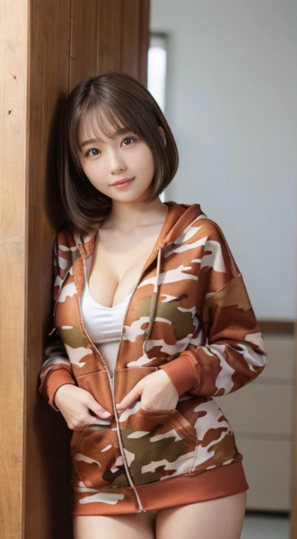 Extreme quality、Expresses skin texture to the limit、Extremely beautiful face active as a gravure idol、( girl、Extremely beautiful face, thin cheek line、a small face、big eye、cat eyes with raised corners、natural make up)(fair white skin)(sparkly eyes)、with shiny brown hair、((Very short bob、Fine hair、smooth straight hair、Hair hanging over the ears))、Beautiful exposed valley、large full breasts、thin-waist、big butts((Hoodie with cleavage zip、Red camouflage pattern、Short length))((I can see the beautiful cleavage))((Red camouflage extremely short miniskirt))red camouflage sneakers、魅惑的、bright expression、Bright smile。her fashion and expressions、The perfect balance of cuteness and elegance、draw the viewer in、Throughout this scene、express her charm to the fullest、Angle up to the knee、Standing、medium-full shot、