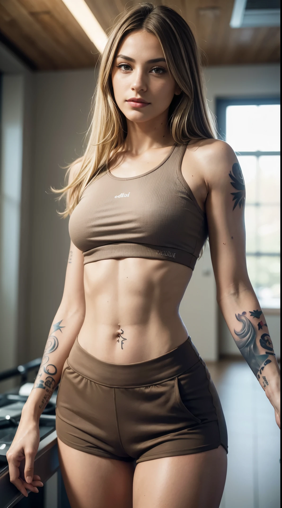 50 years old, gorgeous cute Turkish girl, smirk, freckles, polaroid photo, (Brown skin:1.5), (medium blonde hair:1.5), a close up of a woman in a gray top and pants, two piece workout clothes, tight outfit, wearing a y cropped top, her belly butis exposed, tinyest midriff ever, exposed midriff, fit girl, fit dainty figure, crop shirt and strong abs, physical : tinyest midriff ever, sport bra and shorts, attractive girl, famous beautiful model, good young girl, (masterpiece:1.0),(best_quality:1.0), ultra high res,4K,ultra-detailed, photography, 8K, HDR, highres, absurdres:1.2, Kodak portra 400, blurry background, bokeh, lens flare, (vibrant_color:1.2),professional photograph, (the_tattoo:1.4), (beautiful_face:1.5),(narrow_waist). --v 6