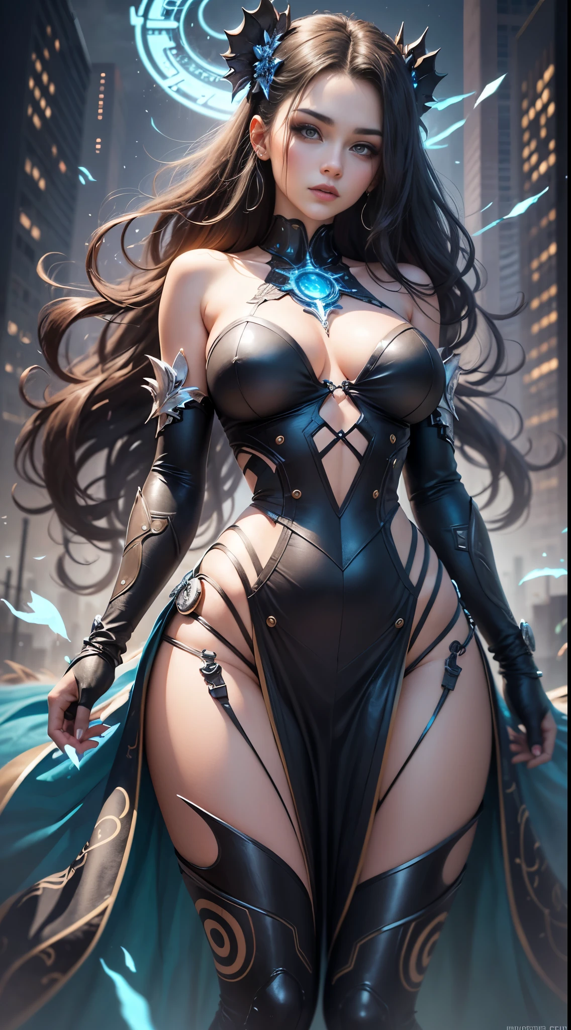 ((8k, HDR, Full body, entire figure, Beautiful European girl 25 years old, round face, closeup, slim body, intense blue electric eyes, detailed eyes, black hair, very long hair, Perfect proportions, gigantic breast, dynamic pose, look at the camera)), ((Masterpiece, highest best quality, realistic photos, ultra-detailed, ultra-intricated)), (movie lighting, complex), Create a captivating SeaArt image featuring a stunning 20-year-old girl. Envision her with long, tousled brown hair that cascades gracefully around her shoulders. Her eyes, a vivid electric blue, reflect a sense of depth and mystery. Transport her into a mesmerizing scene, perhaps a cyberpunk cityscape or a celestial backdrop, ensuring to capture the essence of her beauty and the uniqueness of her striking features. Let the SeaArt showcase the fusion of artificial intelligence and artistic brilliance, bringing this enchanting character to life in a visually compelling manner.