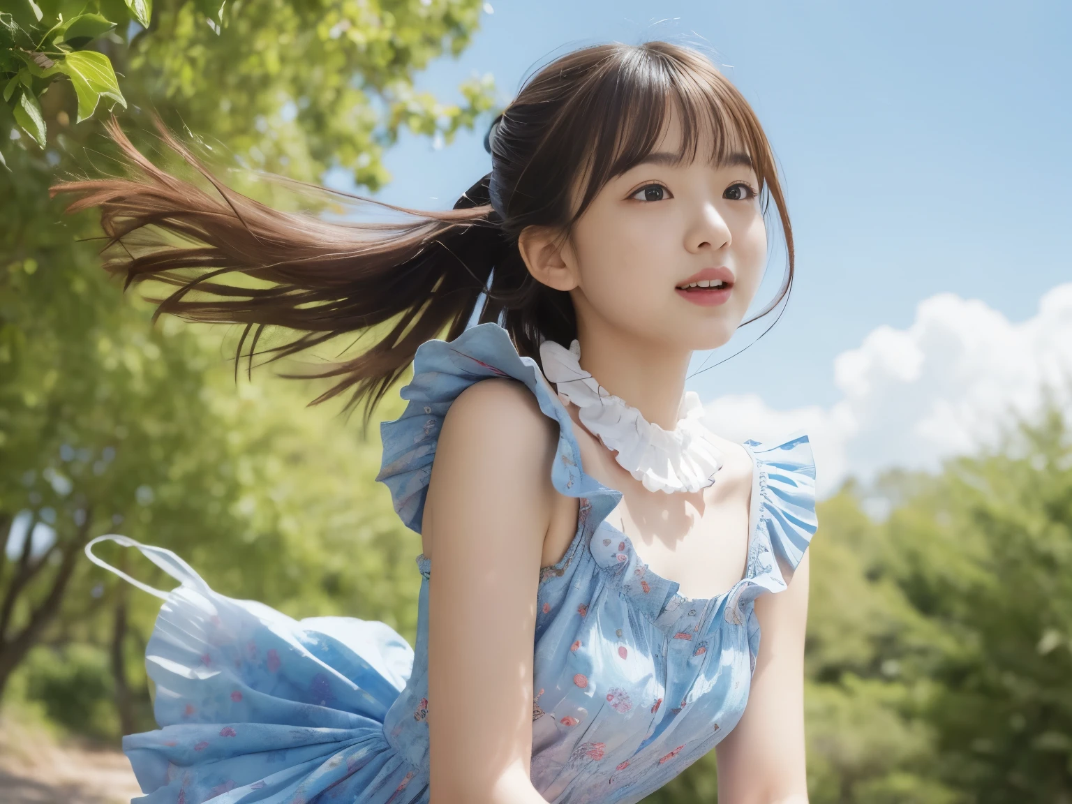 (Highest quality, 32K, High resolution, masterpiece:1.5), Beautiful Japanese Girls, An exceptionally beautiful face, Small Face Beauty, Perfect Human Anatomy, Magical big eyes, Motherhood and generosity, Deep Love, fleeting smile, ((Shiny brown hair:1.1)), ((Super Long Straight Silk Hair)), Asymmetrical bangs, Hair between the eyes, Transparent, soft white skin, Sharp eyebrows, Thin lashes, Natural Makeup, Cheek highlighter, Pale pink detailed lips, ((blue frill dress:1.2)), Perfect collarbone, High resolutionの美しい胸, Slender body and large bust, High resolutionの美しい太もも, Beautiful legs, ((On the hill in spring)), Sitting on a green meadow, ((Absolute area:1.3)), Dazzling sunlight, blue sky, White cloud, Professional Lighting, Professional Photographer, Professional Model