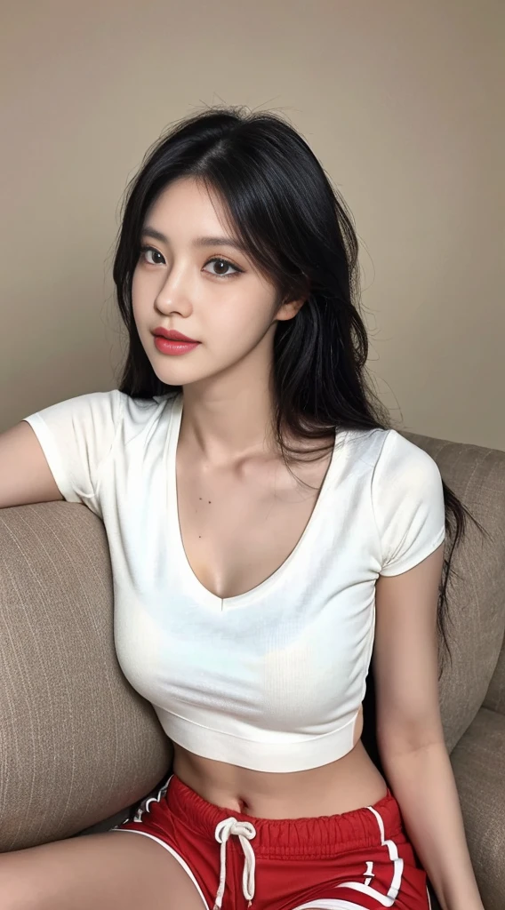 Ultra HD, masterpiece, highest resolution, highest detail, chiaroscuro, a young and beautiful woman, black hair, beautiful eyes, long eyelashes, human eye perspective, wearing a cream white top, red shorts, sitting on the sofa