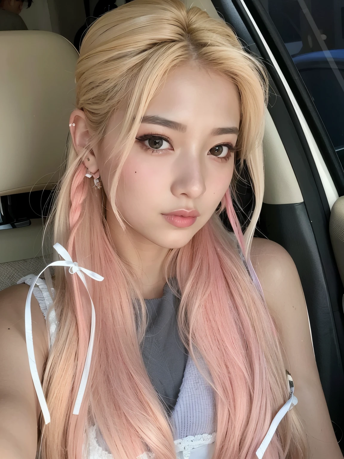 araffe girl com cabelo rosa sitting in a car, Parque Roseanne do Blackpink, linda Delphine, Mulher sul-coreana bonita, com cabelo rosa, com longos cabelos brancos, maquiagem sul-coreana popular, com cabelos longos brancos, Cabelos loiros com destaques cor-de-rosa, cabelo liso rosa, linda mulher coreana jovem, tzuyu de duas vezes, maquiagem coreana popular, coreana