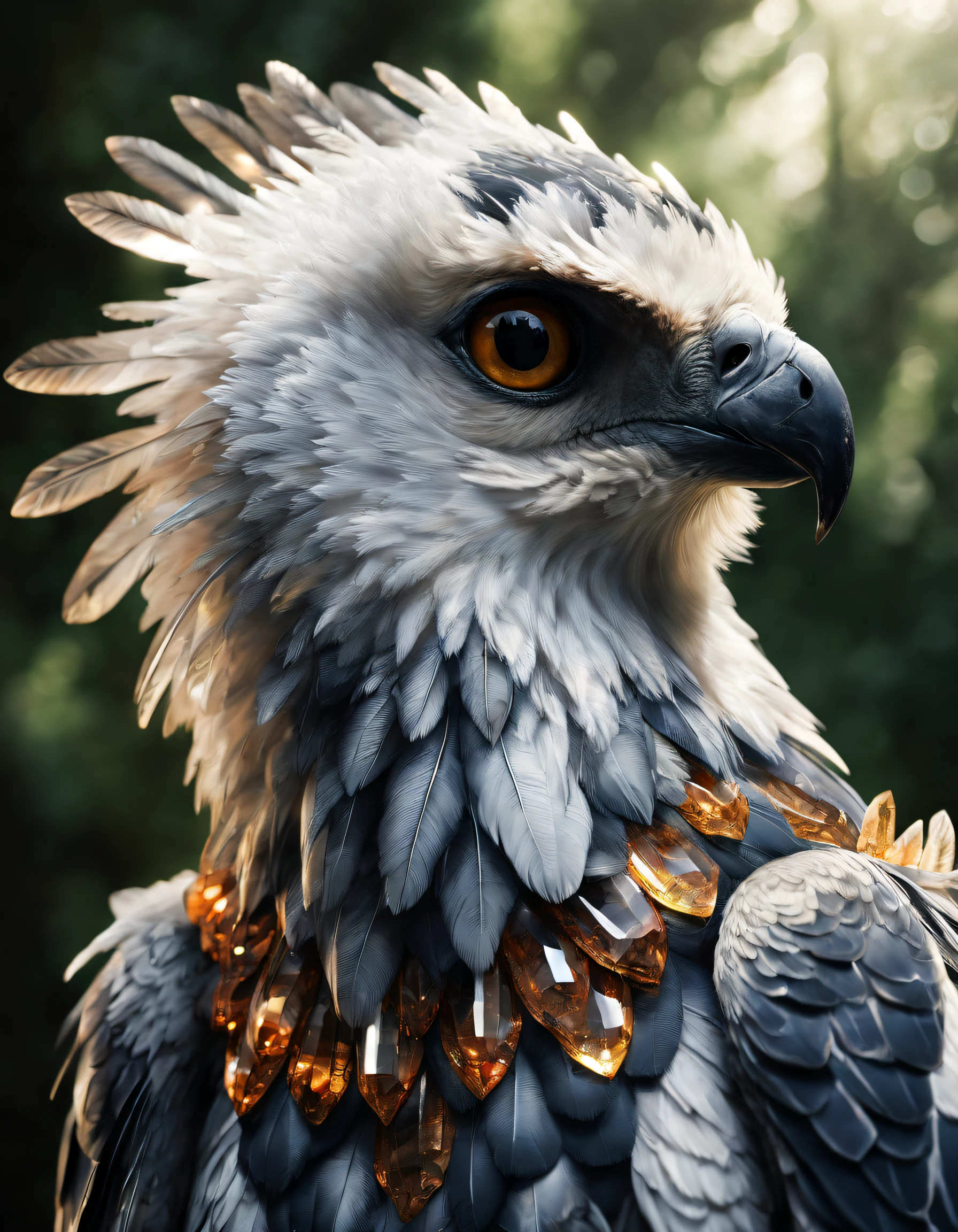 (best quality,Altas,ultra-detalhado,Realistic:1.2), magnificent Harpy Eagle with crystalline feathers, cores vibrantes, breathtaking landscapes, Grandes asas bonitas, criatura majestosa, Penas detalhadas, olhos dourados penetrantes, bico poderoso, movimento gracioso, floresta tropical, folhagem verde exuberante, sunlight filtering through the trees, atmosfera tranquila
