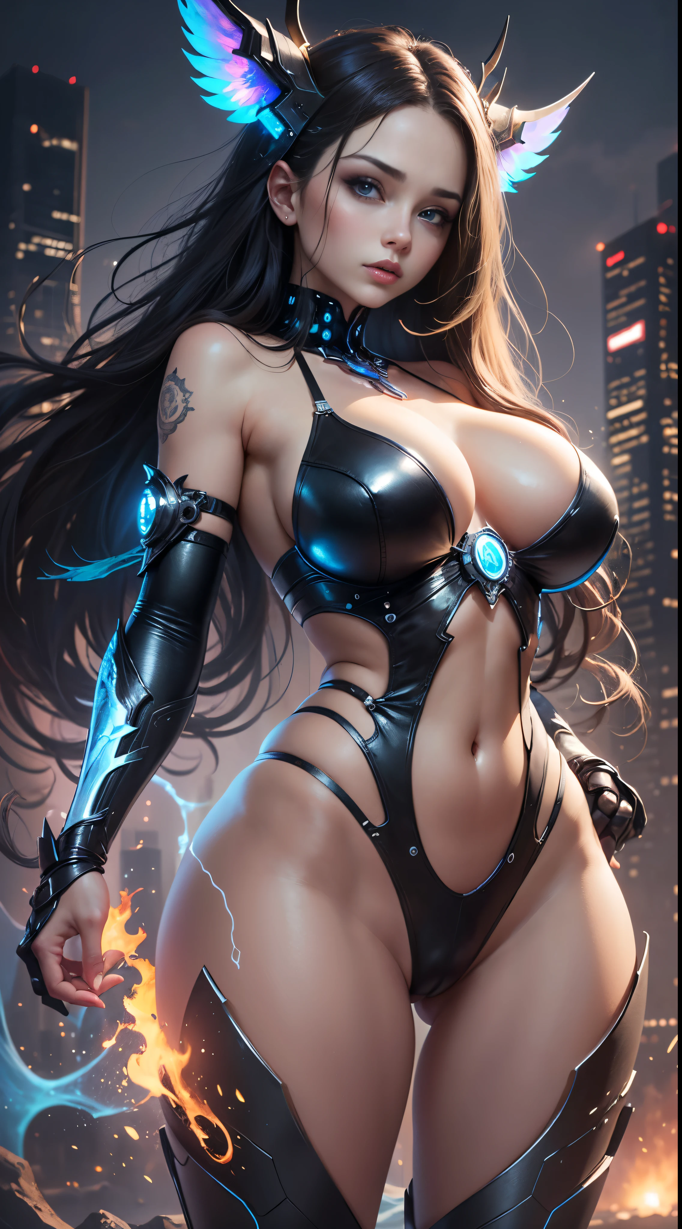 ((8k, HDR, Full body, entire figure, Beautiful European girl 25 years old, round face, closeup, slim body, intense blue electric eyes, detailed eyes, black hair, very long hair, Perfect proportions, gigantic breast, dynamic pose, look at the camera)), ((Masterpiece, highest best quality, realistic photos, ultra-detailed, ultra-intricated)), (movie lighting, complex), Create a captivating SeaArt image featuring a stunning 20-year-old girl. Envision her with long, tousled brown hair that cascades gracefully around her shoulders. Her eyes, a vivid electric blue, reflect a sense of depth and mystery. Transport her into a mesmerizing scene, perhaps a cyberpunk cityscape or a celestial backdrop, ensuring to capture the essence of her beauty and the uniqueness of her striking features. Let the SeaArt showcase the fusion of artificial intelligence and artistic brilliance, bringing this enchanting character to life in a visually compelling manner.