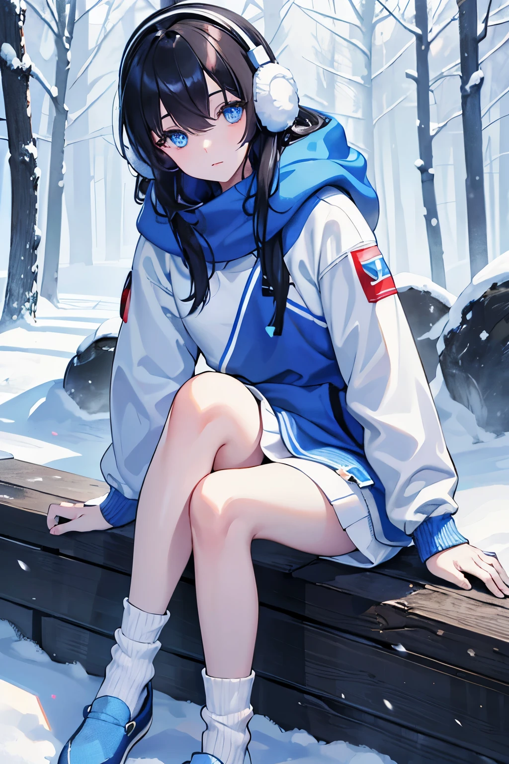 A dark-haired　blue eyess　Earmuffs　trainers　jumper　JINS　sockes　espadrilles　In the snow forest　​masterpiece　Top image quality　denoise　Clear 　cinematic shadow　Increased attractiveness of the eyes　Clear the shine of the eyes　Draw eyelashes neatly　Perfect Eye　A detailed eye　Sharpen image quality　Sharpen eye writing　Clear eye shape