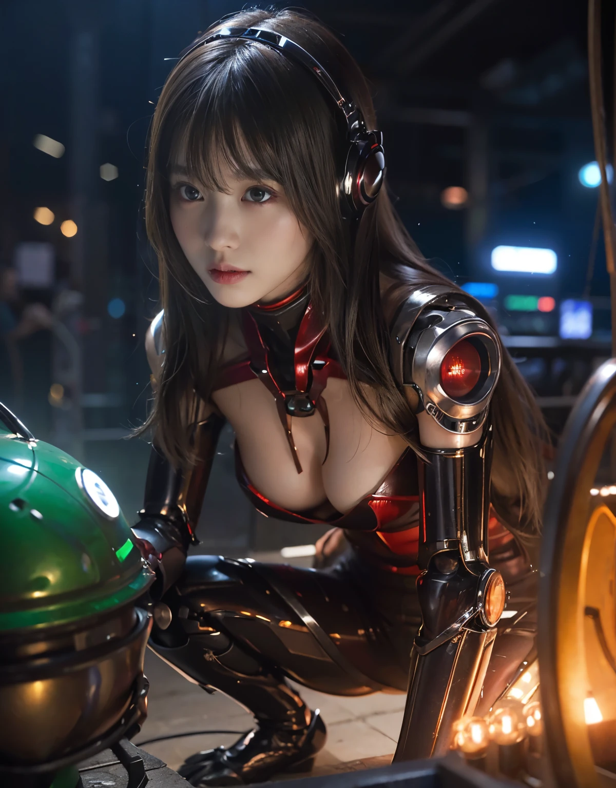 (Skimpy mechanical girl and alien background)、（Mystical expression）、top-quality、​masterpiece、超A high resolution、(Photorealsitic:1.4)、Raw photo、1人、glowy skin、(((1 Mechanical Girl)))、（red metalボディスーツ）、(Natural alien background to fight aliens)、(Small LED)、((super realistic details))、vertical giant monster background),globalillumination、Shadow、octan render、8K、ultrasharp、机器人の背景、Colossal tits、Raw skin exposed in the cleavage、red metal、Details of complex ornaments、Japan details、highly intricate detail、Realistic light、(Mystical expression),CG Society Trenlow Eyes、Eyes shining towards the camera、Mechanical marginal blood vessels connected to neon detail tubes)、(Wires and cables connecting to the head)、Small LED、,Mechanical thighs、Toostock、（Hands are also made of machines）、机器人、future alien、Please wear a mechanical helmet、