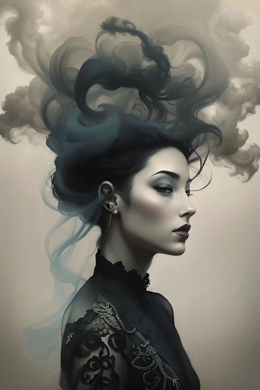 Mujer arafed con una nube de humo en el pelo., Natalie Shau Tom Bagshaw, Estilo Tom Bagshaw, Anna Dittman, Awesome Digital Illustration, Retrato de Tom Bagshaw, Yuri Shwedoff y Tom Bagshaw, Artstyle Tom Bagshaw, Tom Bagshaw inspirado, Tom Bagshaw Artstyle, Arte Tom Bagshaw, Hermoso retrato surrealista