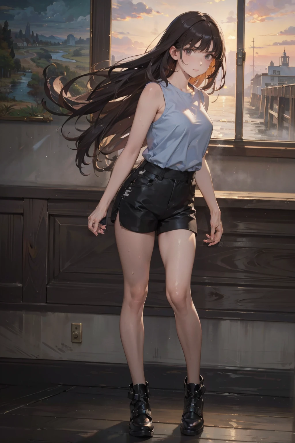 (FULL BODYSHOT、an oil painting、​masterpiece、top-quality、hight resolution、Dark hair、Super long hair、Bangs are aligned、Bad mood、Blue shirt、sleeveless black shorts、Sweaty skin、coast sky、lightly dressed、