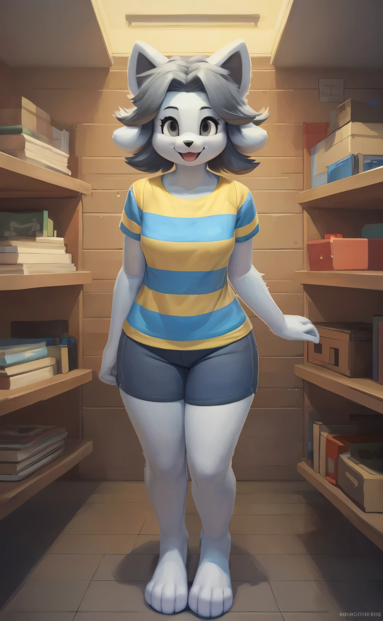 [temmie], [undertale], [Uploaded to e621.net; (Pixelsketcher), (wamudraws)], ((masterpiece)), ((HD)), ((solo portrait)), ((front view)), ((feet visible)), ((furry; anthro)), ((detailed fur)), ((detailed shading)), ((beautiful render art)), {anthro; (slim figure), (white body fur), black nose, cute grey eyes, short grey hair, (curvy hips), (beautiful legs), (beautiful feet), (excited smile)}, {(blue-yellow striped tee shirt)}, {(standing), (looking at viewer)}, [background; (cardboard walls), (desk), (ambient lighting)]