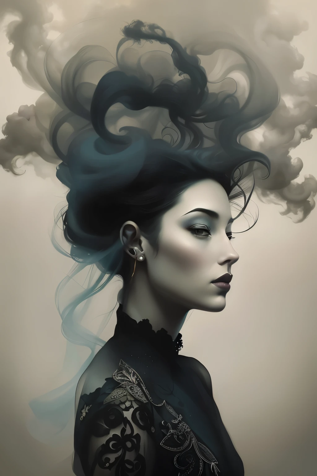 Mujer arafed con una nube de humo en el pelo., Natalie Shau Tom Bagshaw, Estilo Tom Bagshaw, Anna Dittman, Awesome Digital Illustration, Retrato de Tom Bagshaw, Yuri Shwedoff y Tom Bagshaw, Artstyle Tom Bagshaw, Tom Bagshaw inspirado, Tom Bagshaw Artstyle, Arte Tom Bagshaw, Hermoso retrato surrealista
