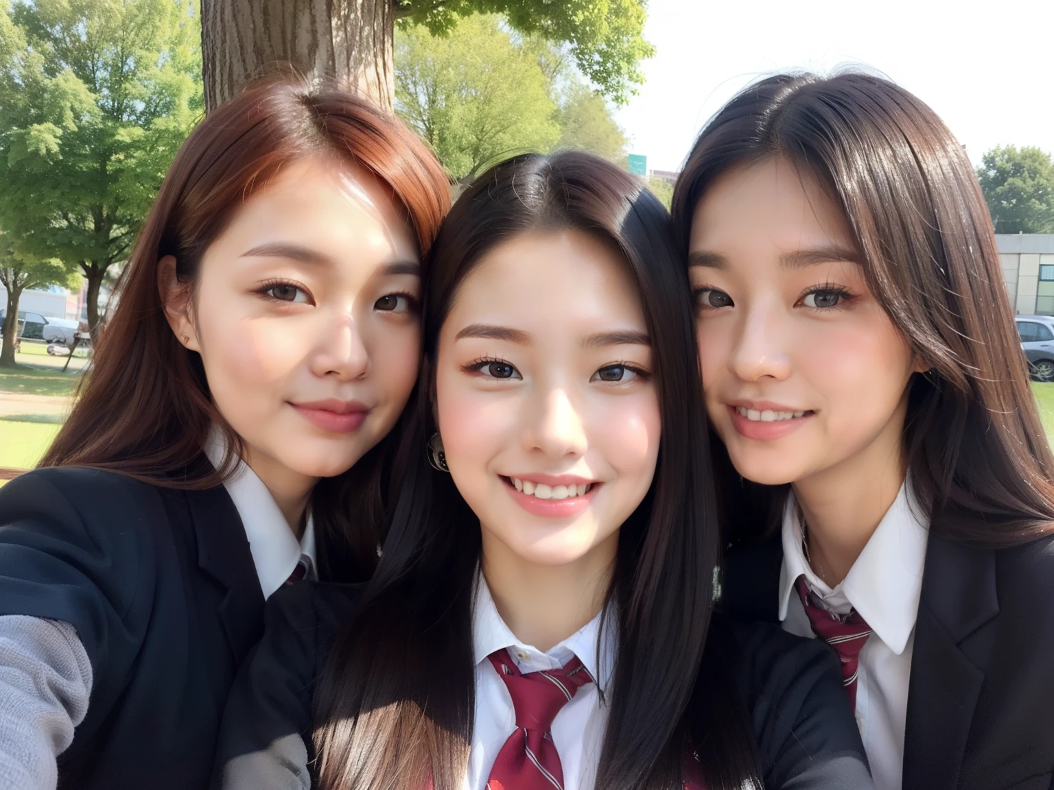 Young woman trio, oriental, idol, beauty, 16 years old, school uniform, smile
